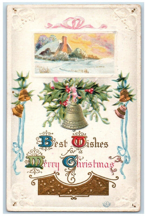 1914 Christmas Holly Berries Bells Winter Snow Embossed Posted Antique Postcard
