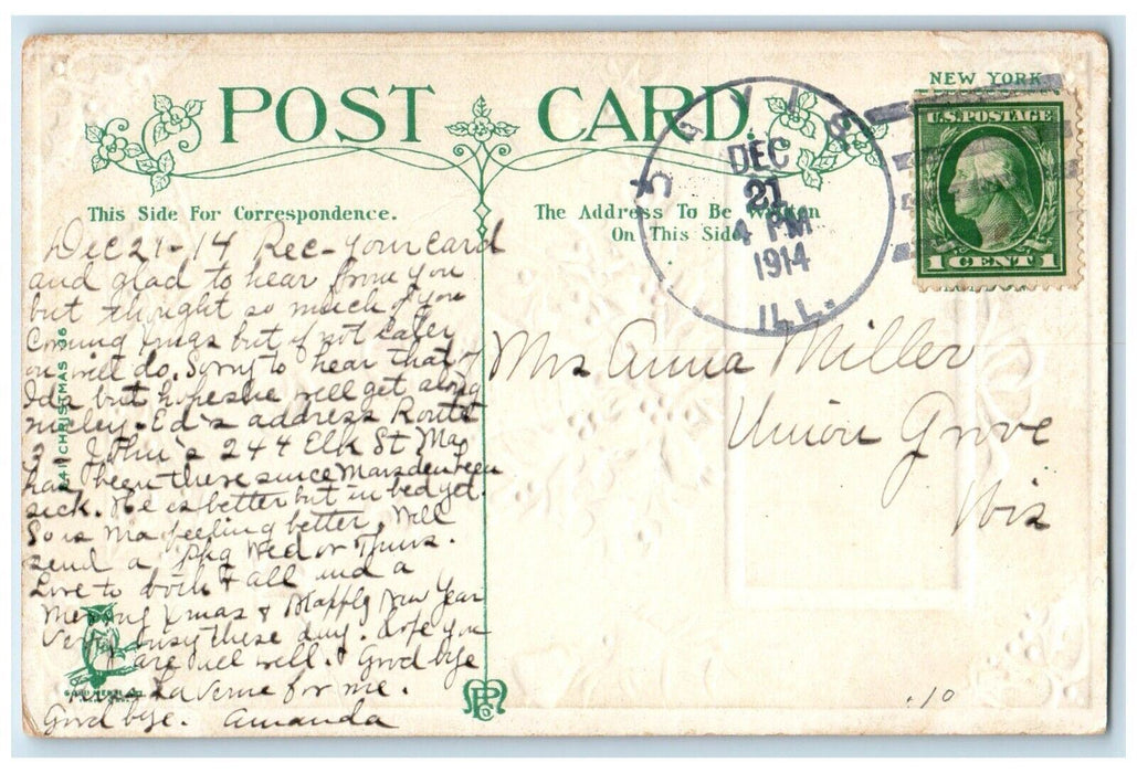 1914 Christmas Holly Berries Bells Winter Snow Embossed Posted Antique Postcard