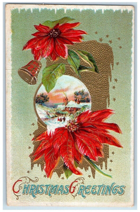c1910's Christmas Greetings Pointessia Flowers Bells Embossed Antique Postcard
