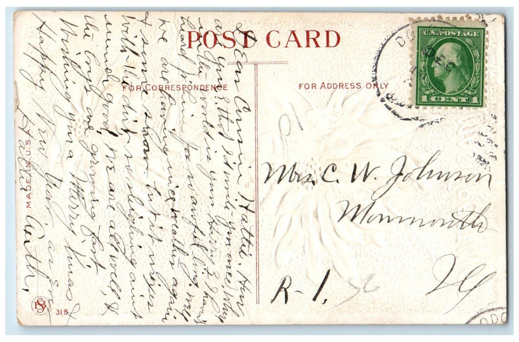 c1910's Christmas Greetings Pointessia Flowers Bells Embossed Antique Postcard