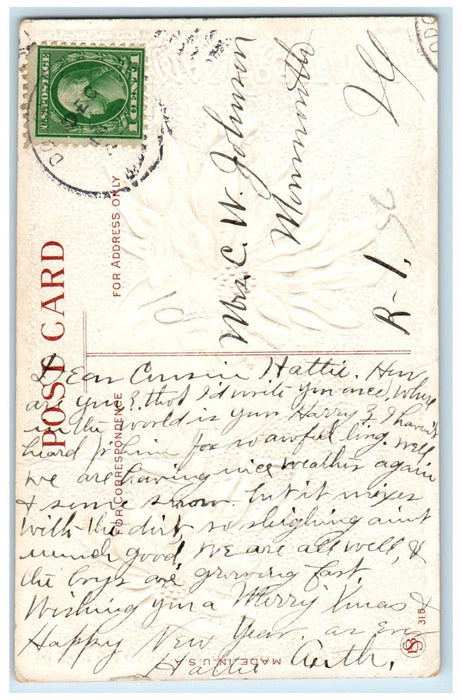 c1910's Christmas Greetings Pointessia Flowers Bells Embossed Antique Postcard