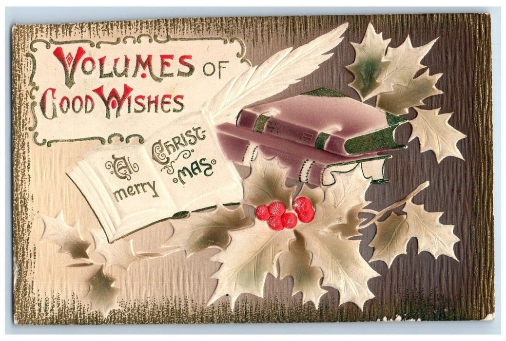 1911 Christmas Holly Books Feather Airbrushed Embossed Cooksville IL Postcard