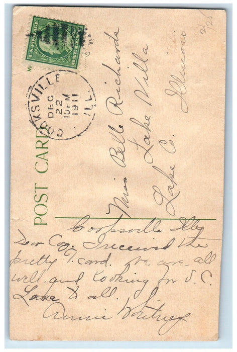 1911 Christmas Holly Books Feather Airbrushed Embossed Cooksville IL Postcard