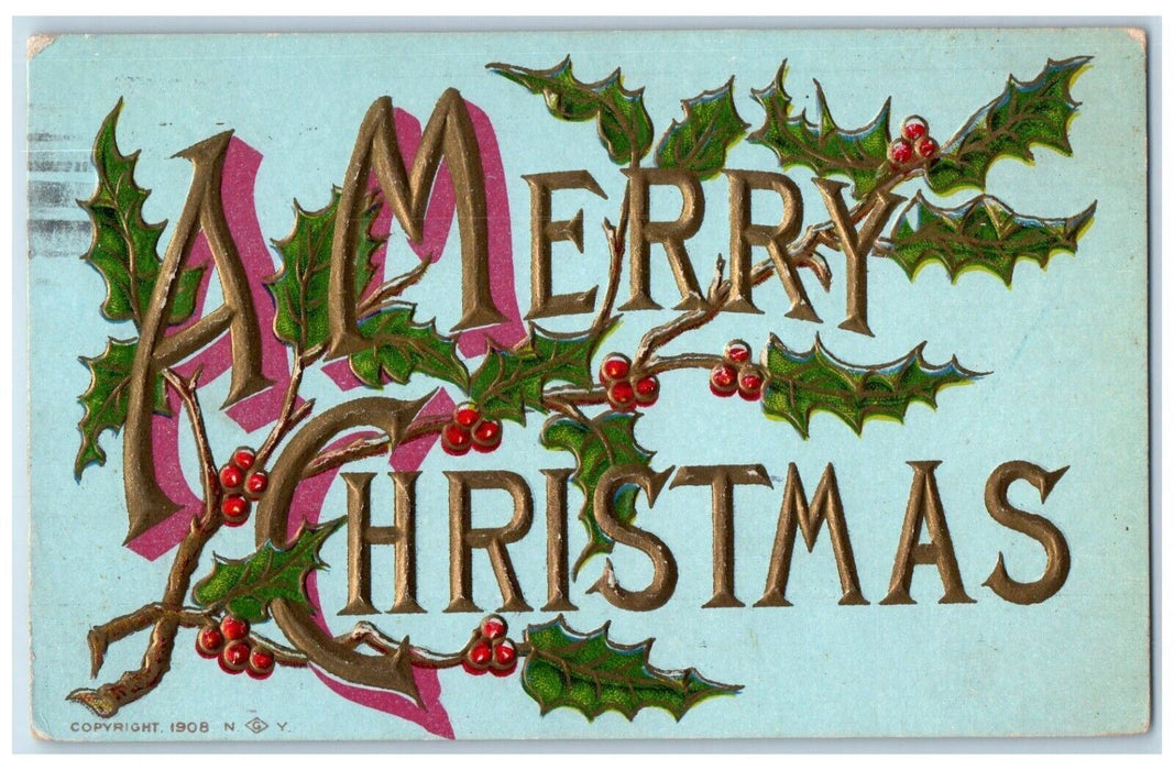 c1910's Christmas Holly Berries Embossed Chicago Illinois IL Antique Postcard