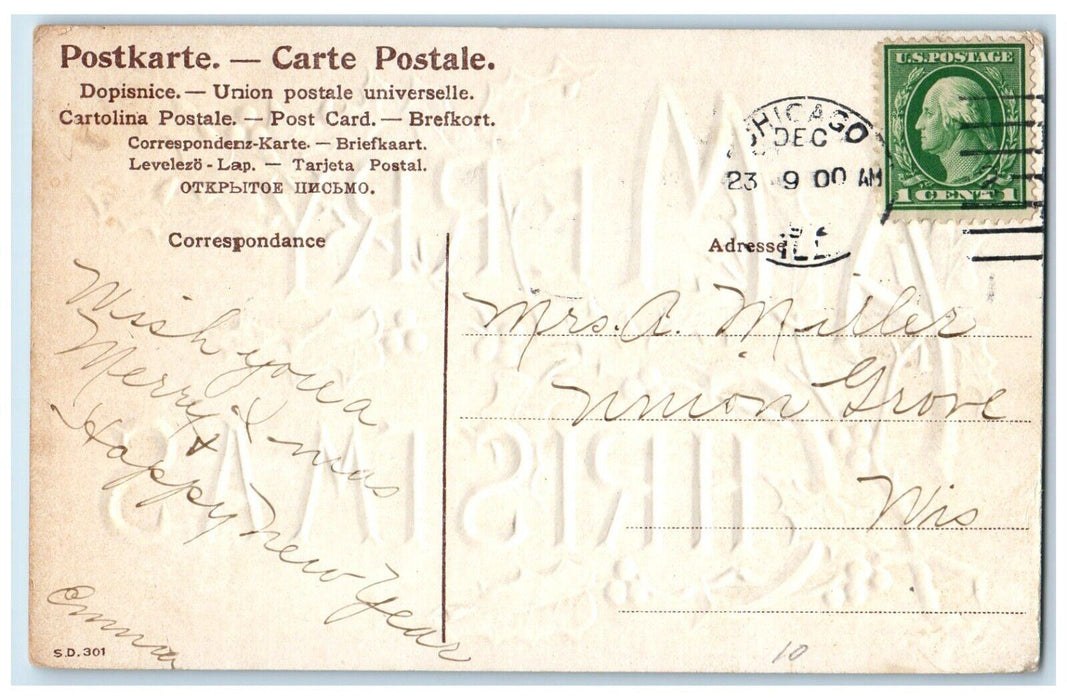 c1910's Christmas Holly Berries Embossed Chicago Illinois IL Antique Postcard