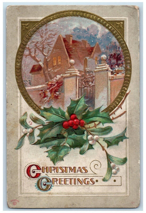c1910's Christmas Greetings Holly House Winter Snow Embossed Antique Postcard