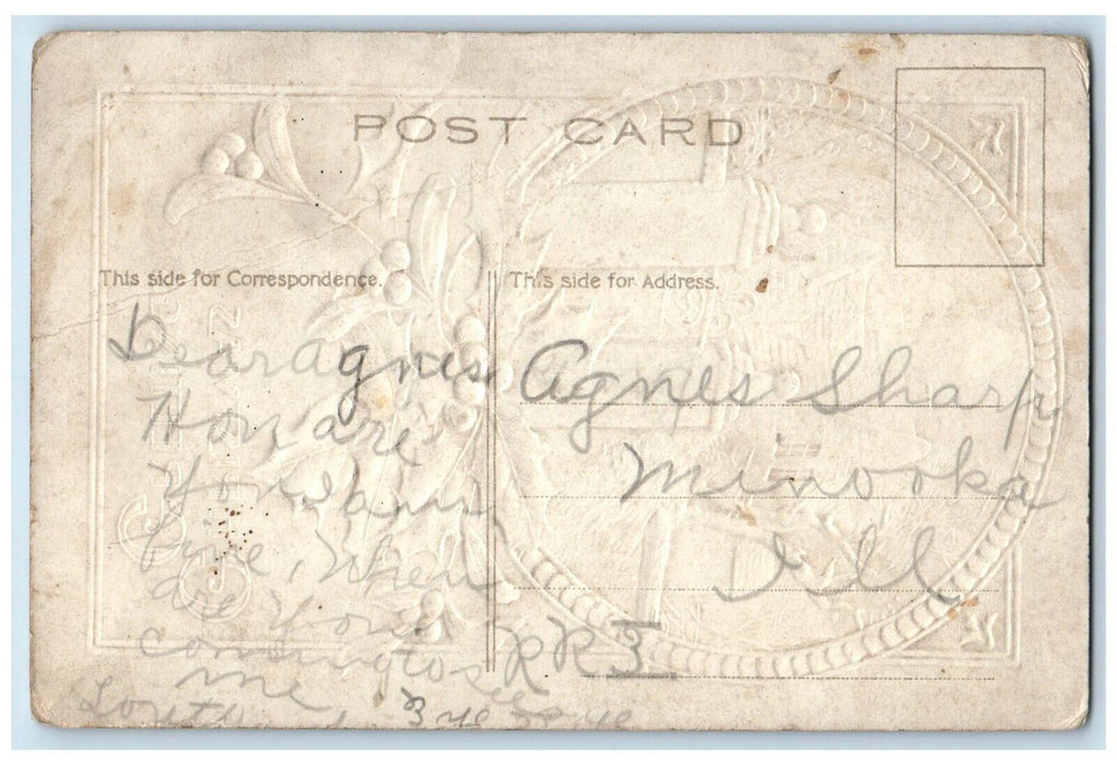c1910's Christmas Greetings Holly House Winter Snow Embossed Antique Postcard
