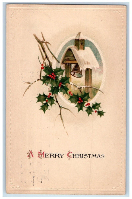 1914 Christmas Holly Berries Bell Winter Snow Embossed Kenosha WI Postcard