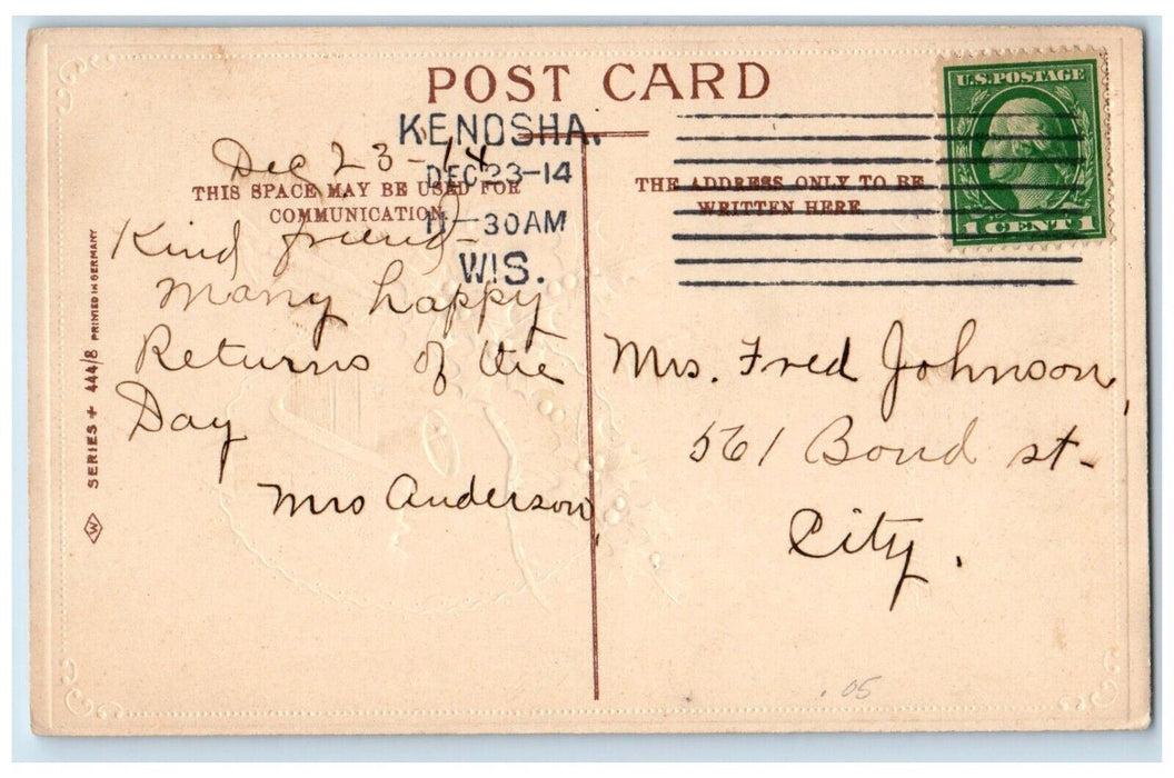 1914 Christmas Holly Berries Bell Winter Snow Embossed Kenosha WI Postcard