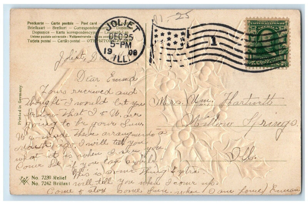 1908 Christmas Greetings Holly Trees Embossed Joliet Illinois IL Postcard