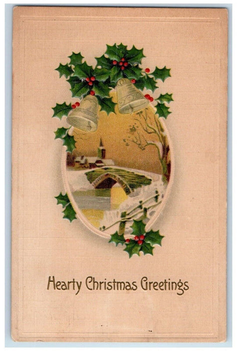 1915 Christmas Greetings Holly Bells Bridge Winter Snow Embossed Posted Postcard