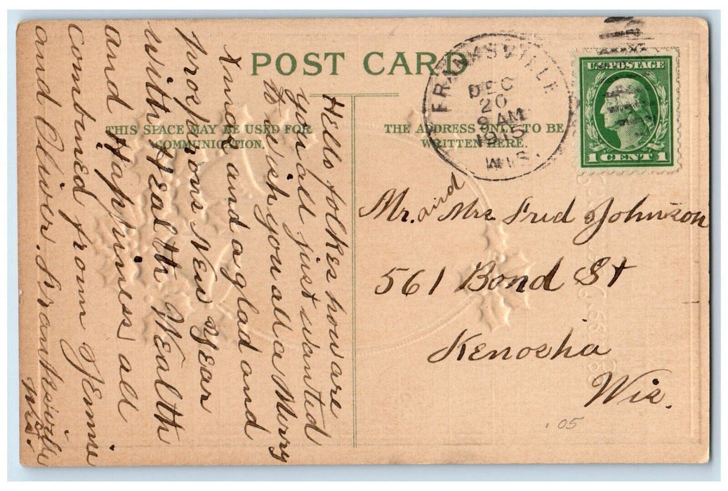 1915 Christmas Greetings Holly Bells Bridge Winter Snow Embossed Posted Postcard