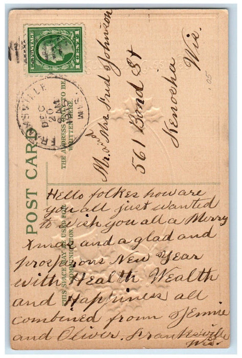 1915 Christmas Greetings Holly Bells Bridge Winter Snow Embossed Posted Postcard