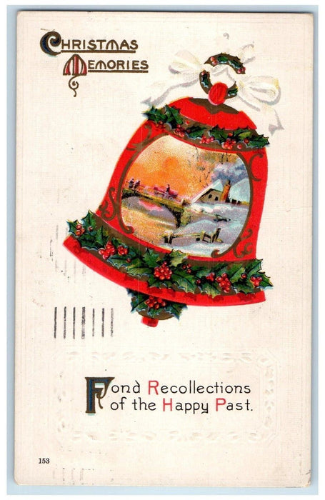 1914 Christmas Memories Holly Giant Bells Embossed Pittsburgh PA Posted Postcard