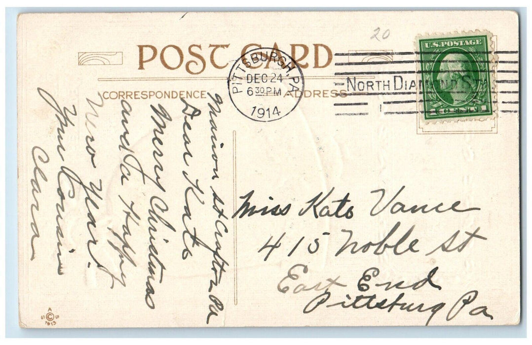 1914 Christmas Memories Holly Giant Bells Embossed Pittsburgh PA Posted Postcard
