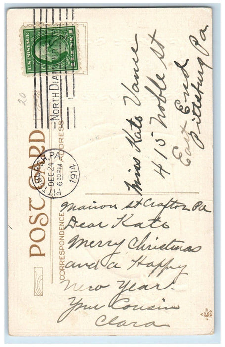 1914 Christmas Memories Holly Giant Bells Embossed Pittsburgh PA Posted Postcard