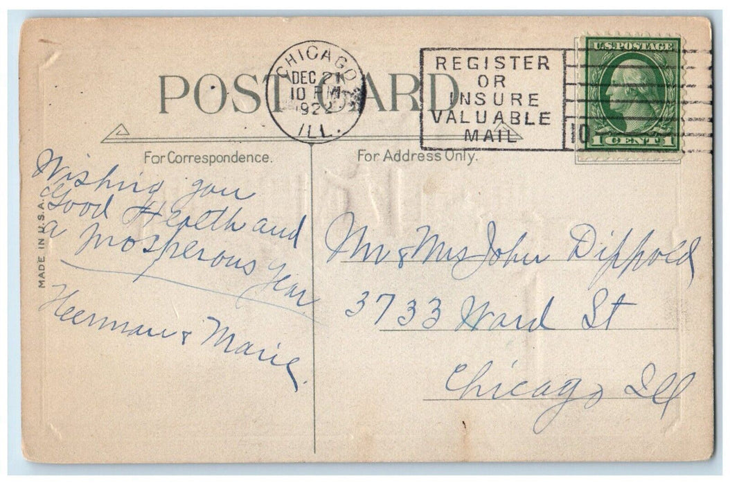 1922 Christmas US Mail Santa Girl Pine Trees Winter Snow Embossed Postcard