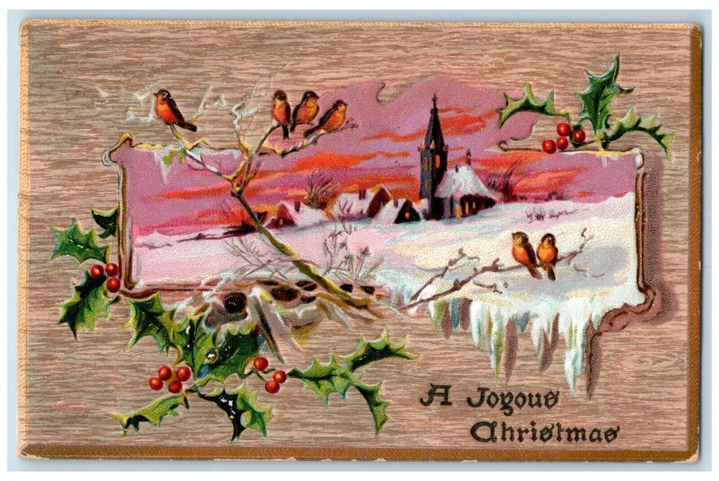 c1910's Christmas Holly Song Birds Church Winter Snow Embossed Tuck's Postcard
