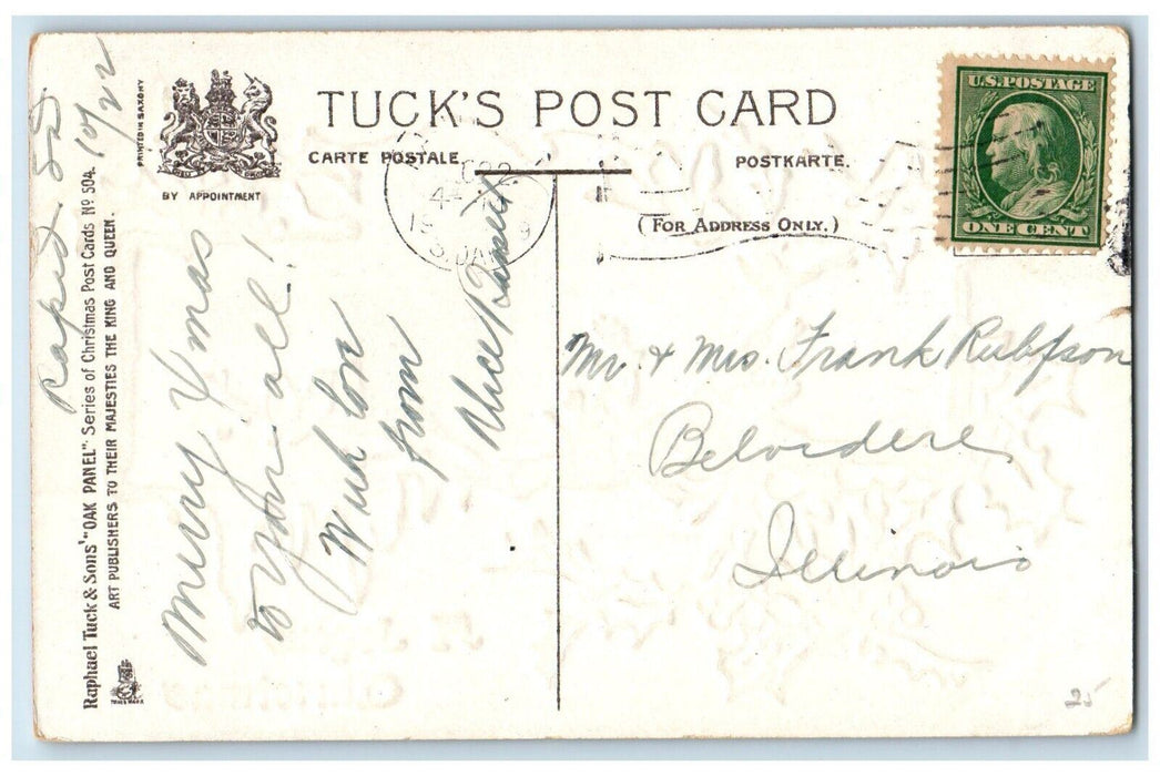 c1910's Christmas Holly Song Birds Church Winter Snow Embossed Tuck's Postcard