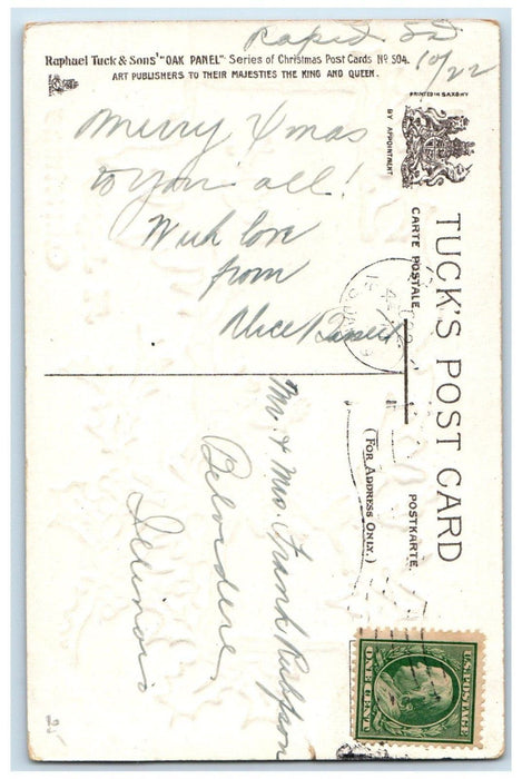 c1910's Christmas Holly Song Birds Church Winter Snow Embossed Tuck's Postcard