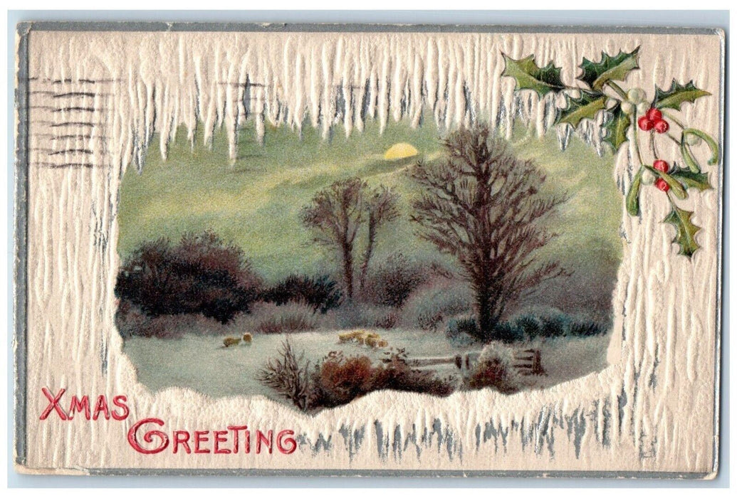 1909 Christmas Greetings Sunset Sheep Trees Holly Winter Snow Embossed Postcard