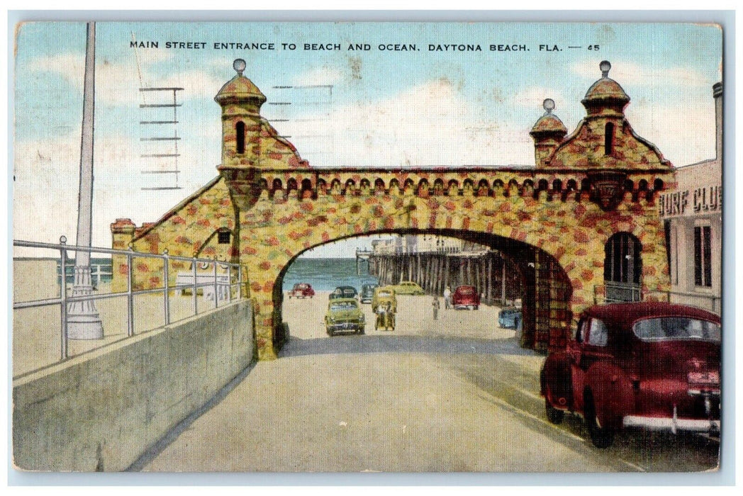 1956 Main Street Entrance To Beach Cars Daytona Beach Florida FL Posted Postcard