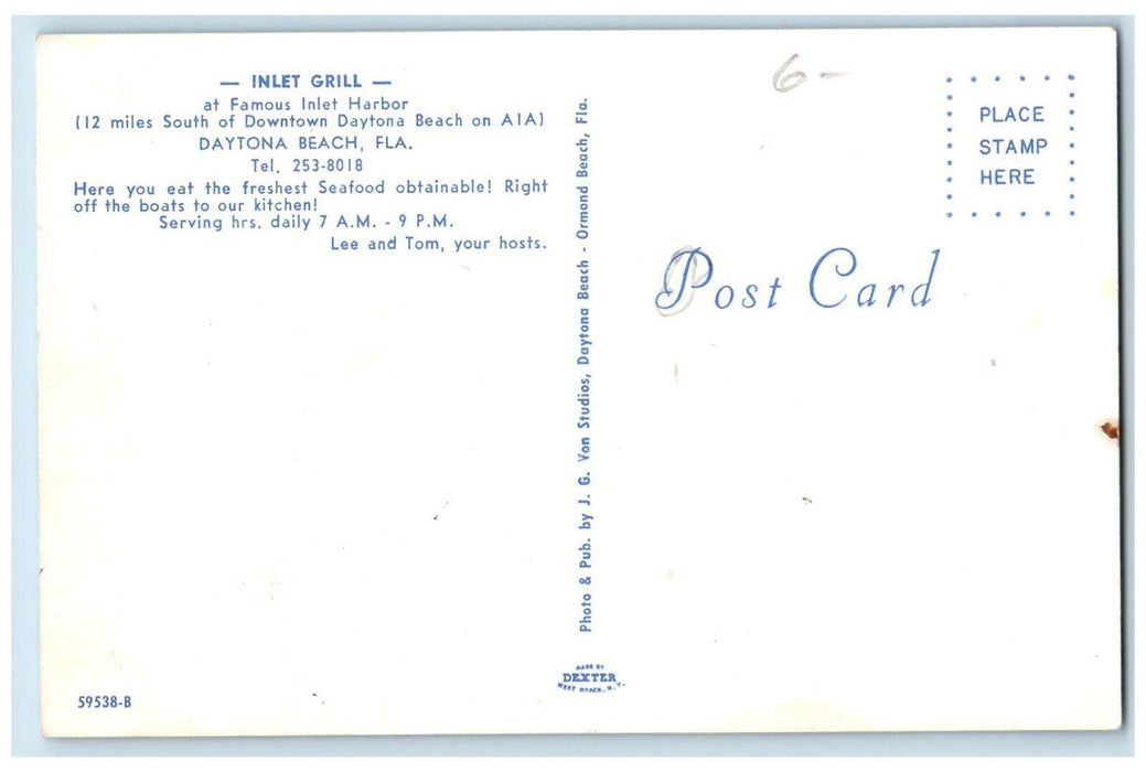 c1960's Inlet Grill Seafood Fishing Nole Cars Daytona Beach Florida FL Postcard