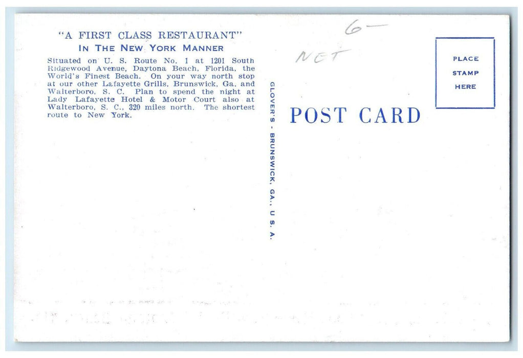 La Fayette Grill Restaurant Dining Room Daytona Beach Florida FL Postcard
