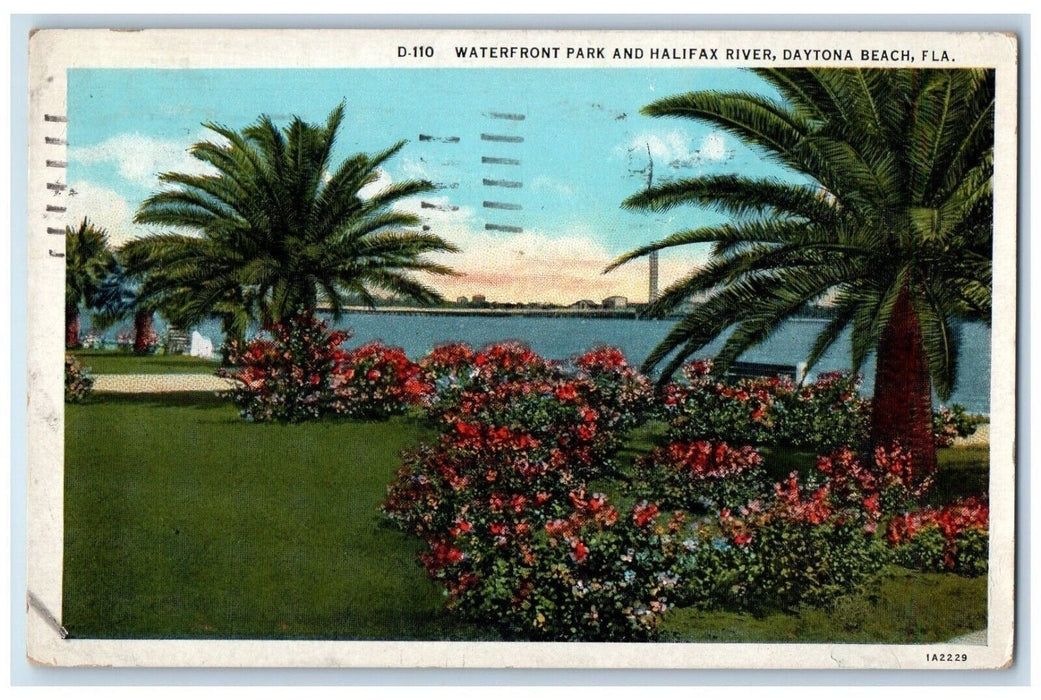 1935 Waterfront Park And Halifax River Flowers Daytona Beach Florida FL Postcard