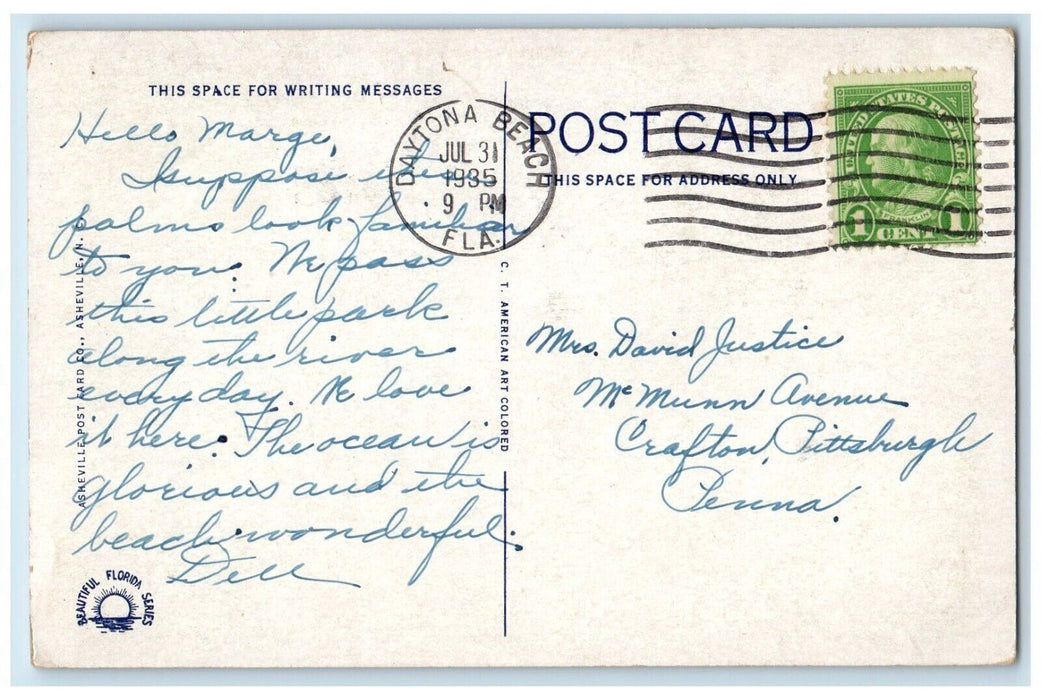 1935 Waterfront Park And Halifax River Flowers Daytona Beach Florida FL Postcard