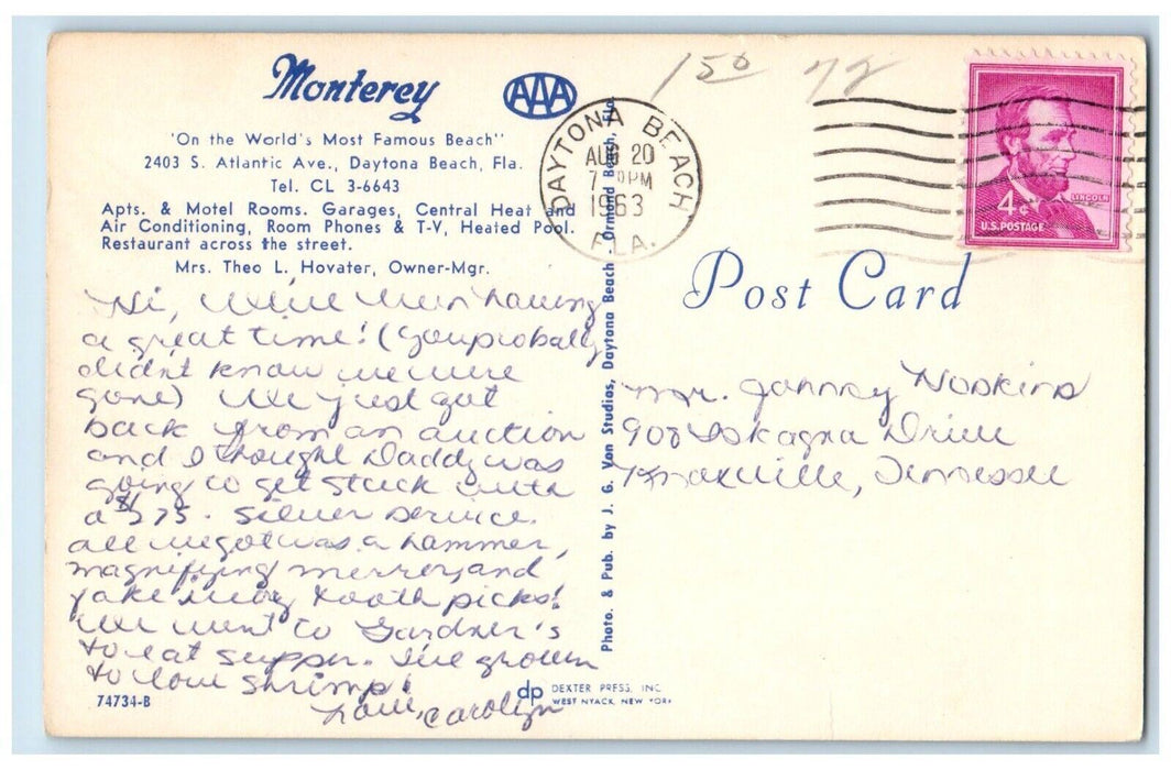 1963 Monterey Apartments And Motel Cars Daytona Beach Florida FL Posted Postcard