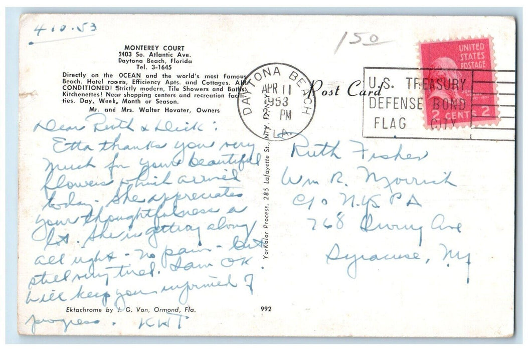 1953 Monterey Court Hotel Cars Roadside Daytona Beach Florida FL Posted Postcard