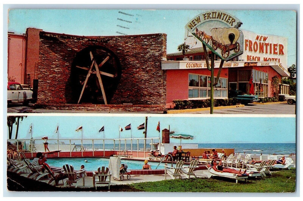 1961 New Frontier Beach Hotel Swimming Pool Daytona Beach FL Dual View Postcard