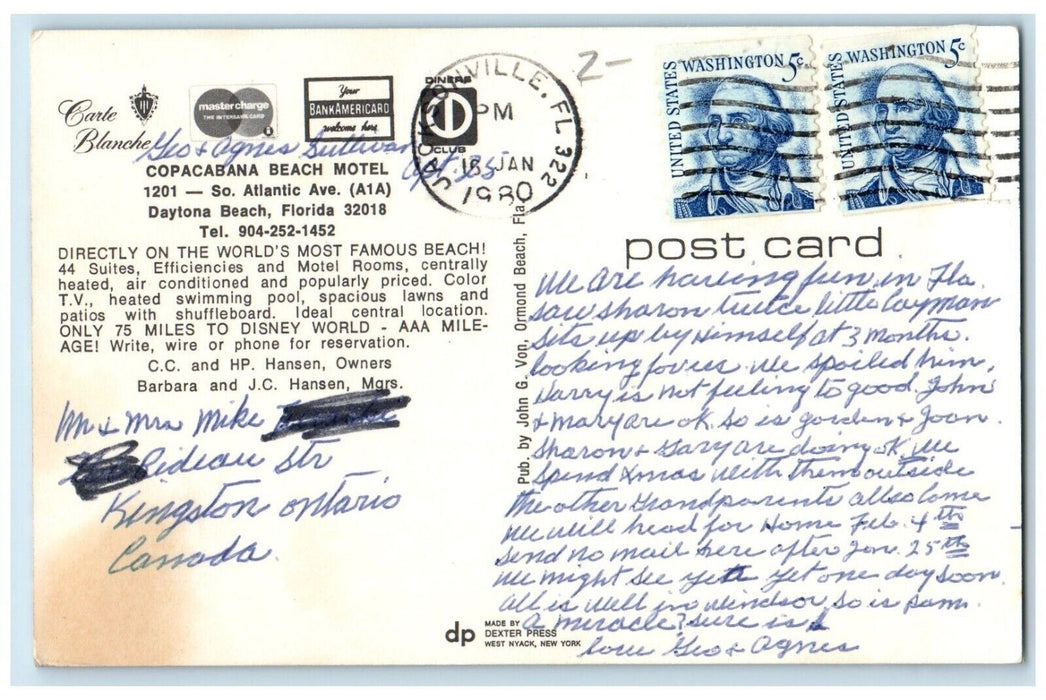 1980 Copacabana Beach Motel Daytona Beach FL, Cars Dual View Postcard