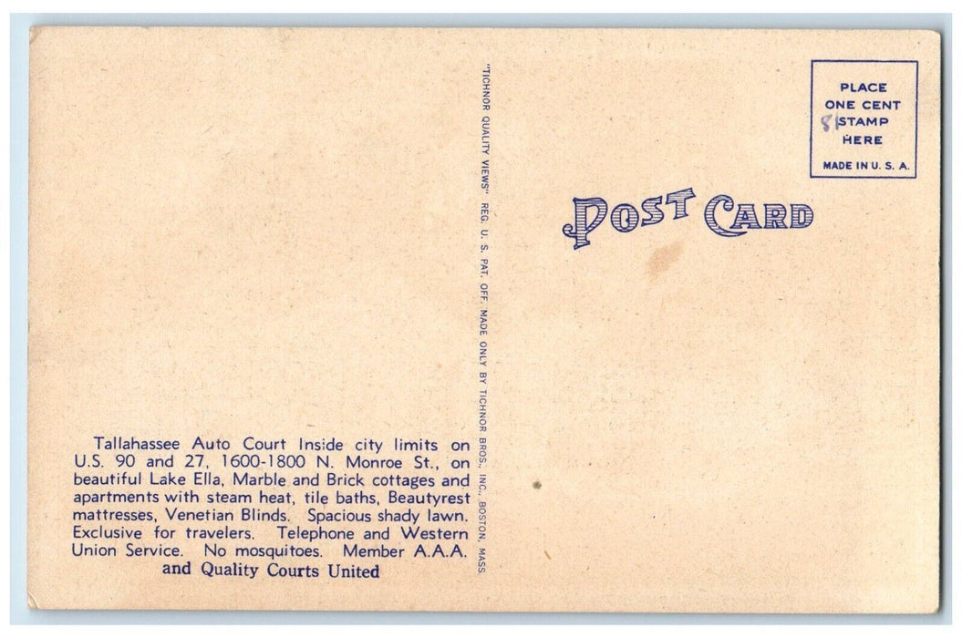 c1940 Tallahassee Auto Court Exterior Capital City Florida FL Antique  Postcard