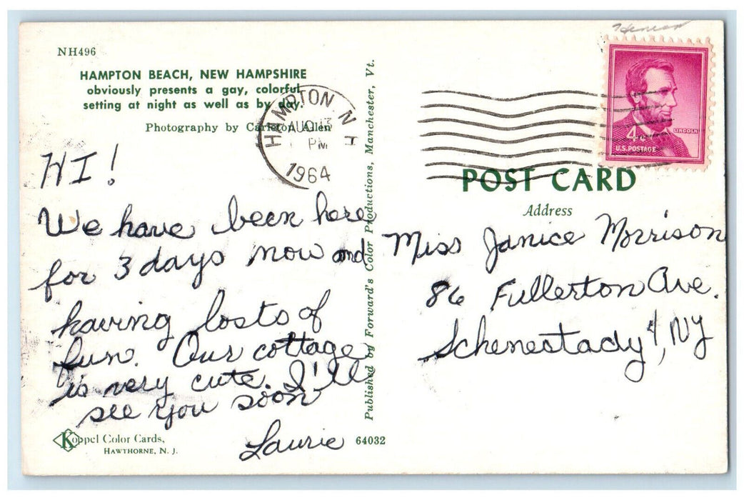 1964 Building Light Night View Hampton Beach New Hampshire NH Vintage Postcard