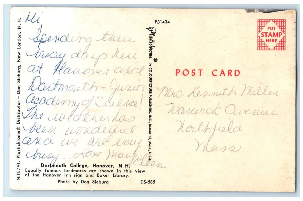 c1960's Hanover Inn Sign and Baker Library Dartmouth College Hanover NH Postcard