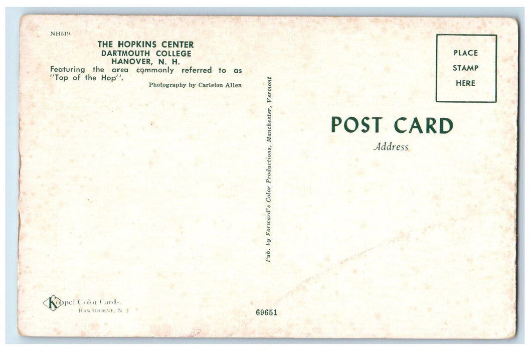 c1960's Night Scene The Hopkins Center Dartmouth College Hanover NH Postcard