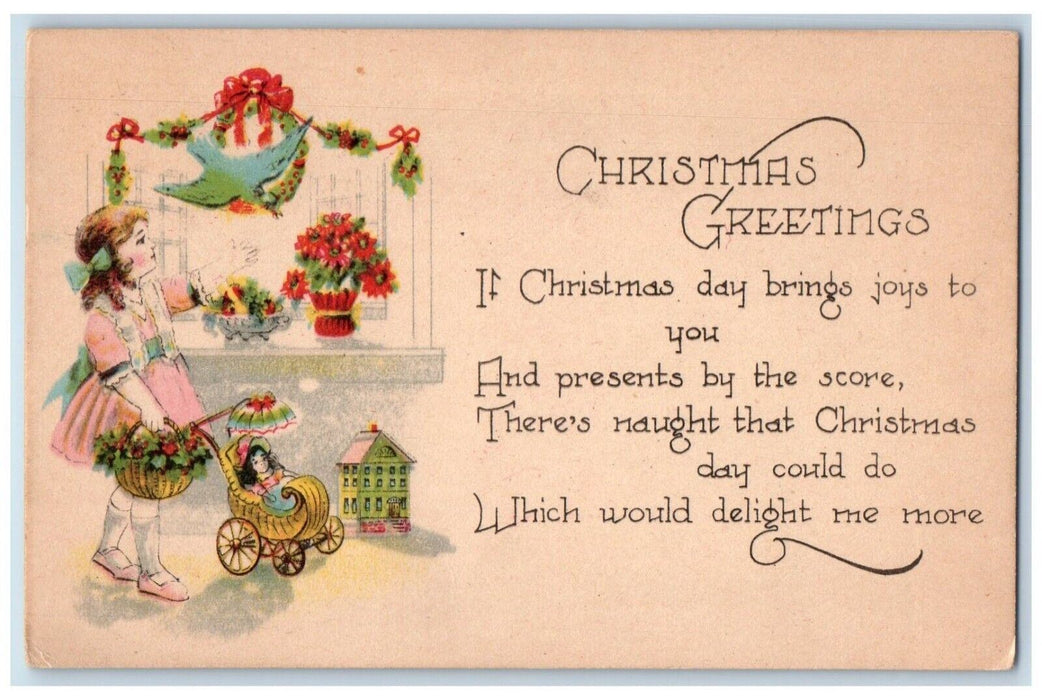1922 Christmas Greetings Girl Holly Basket Flowers Cart Toy Bird Posted Postcard