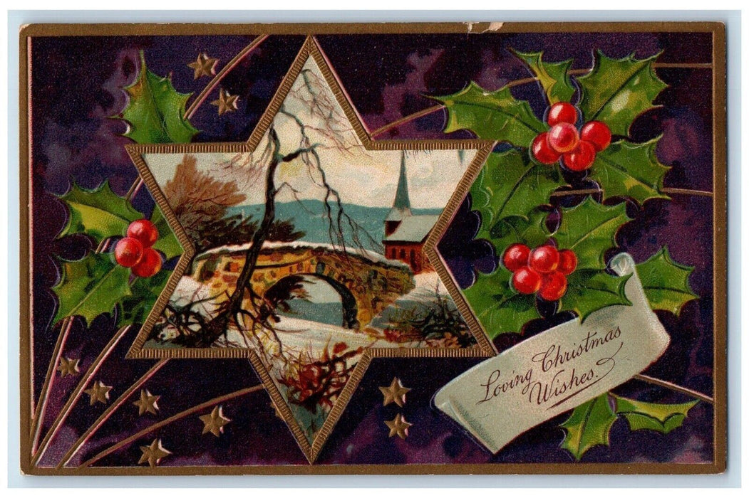 1909 Christmas Gold Star Bridge Winter Snow Bridge Embossed Antique Postcard