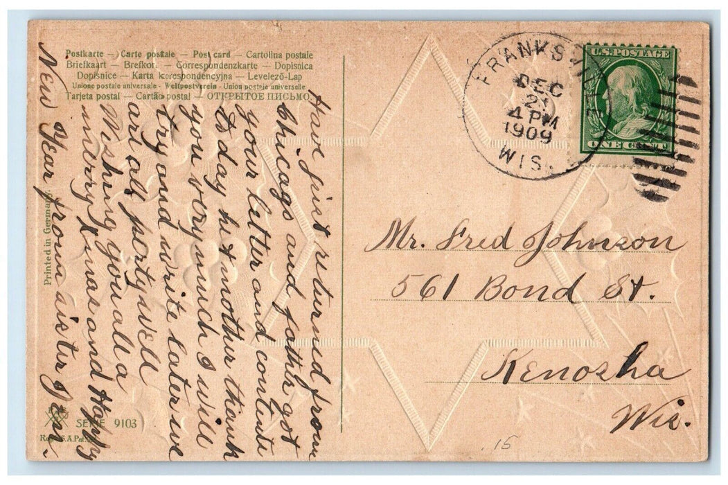 1909 Christmas Gold Star Bridge Winter Snow Bridge Embossed Antique Postcard