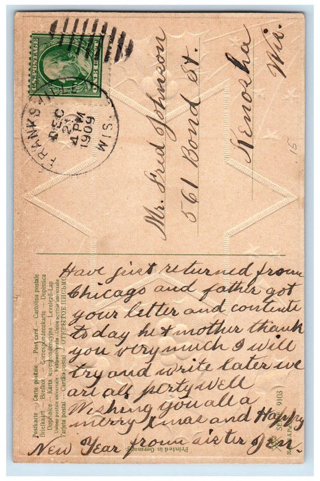 1909 Christmas Gold Star Bridge Winter Snow Bridge Embossed Antique Postcard