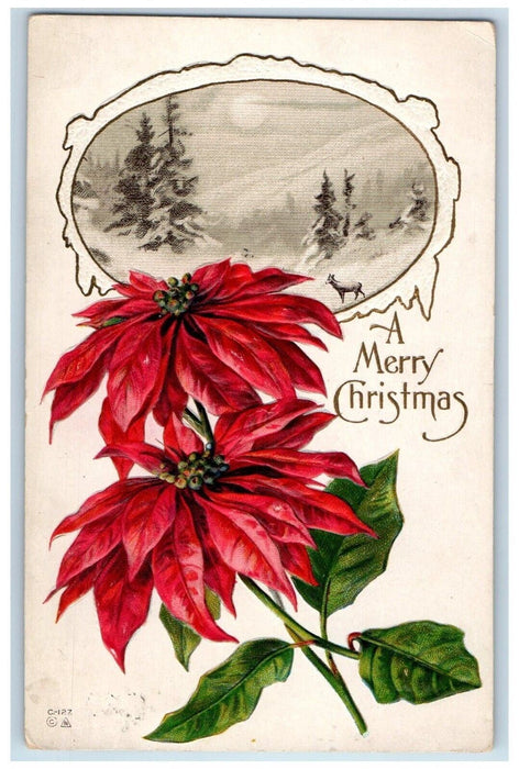 1914 Christmas Poinsettia Flowers Pine Trees Snow Winter Embossed Postcard
