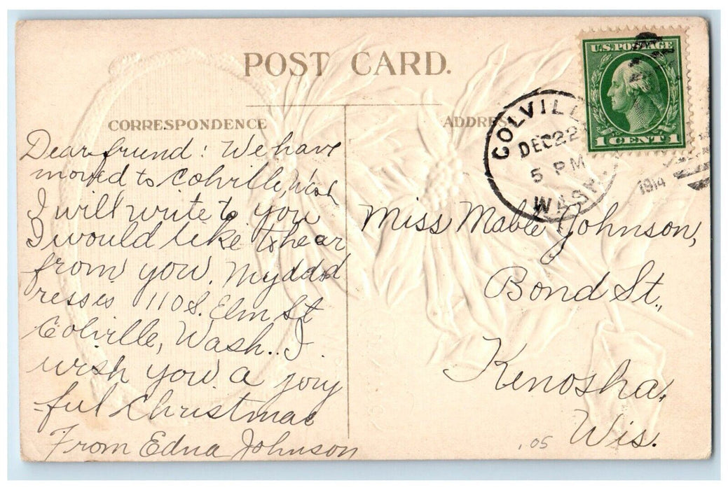 1914 Christmas Poinsettia Flowers Pine Trees Snow Winter Embossed Postcard