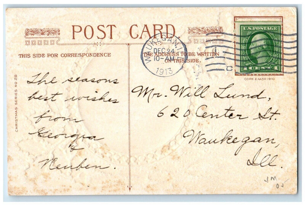 1913 Christmas Dog Hunting Winter Snow Holly Embossed Waukegan IL Postcard