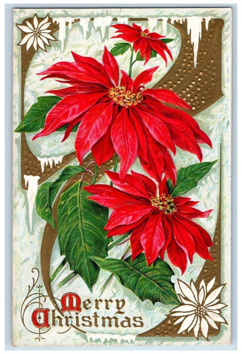 1912 Christmas Poinsettia Flowers Winter Snow Embossed Monmouth IL Postcard