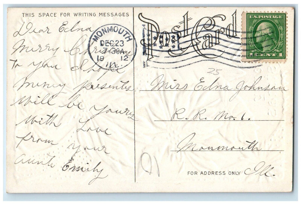 1912 Christmas Poinsettia Flowers Winter Snow Embossed Monmouth IL Postcard