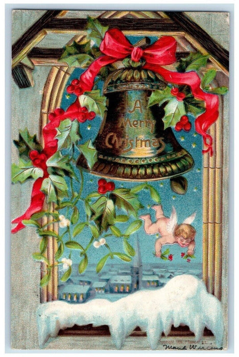 1908 Christmas Holly Ringing Bell Angel Bare Butt Snow Embossed Antique Postcard