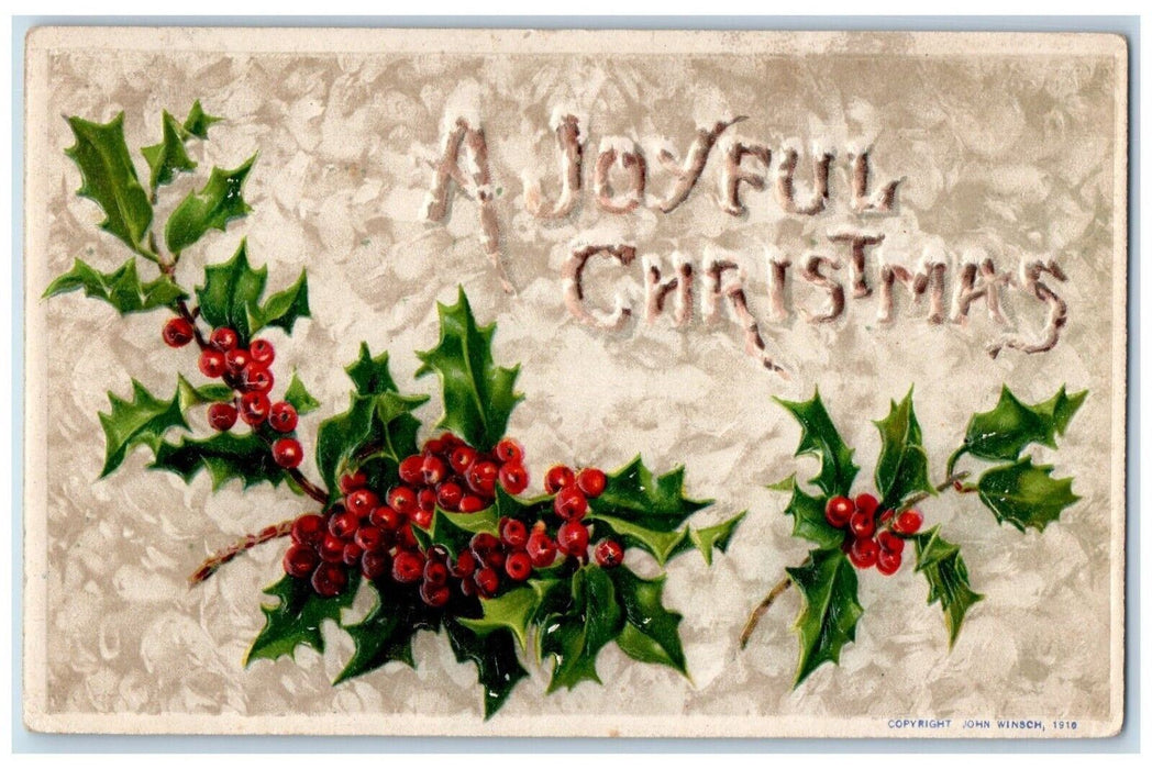 c1910's Christmas Holly Berries John Winsch Embossed Posted Antique Postcard