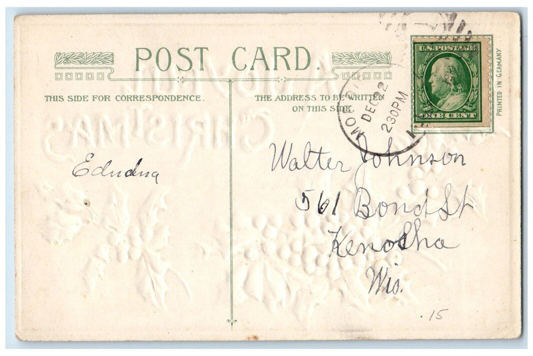 c1910's Christmas Holly Berries John Winsch Embossed Posted Antique Postcard